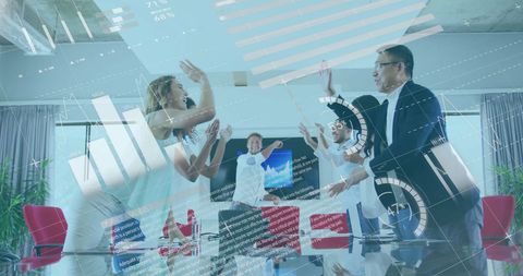Diverse Team Celebrating Business Success with Digital Overlay
