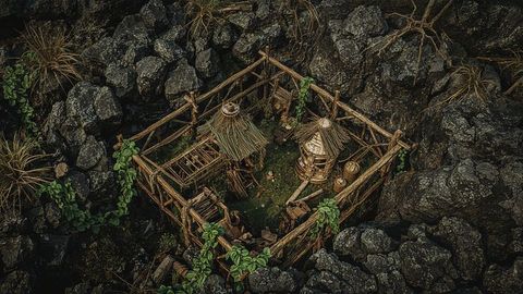 Miniature bamboo hut enclosure on volcanic rocks