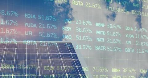 Illustrating a digital integration of financial data and solar energy representations, this composition highlights themes of sustainability and modern technology. Ideal for usage in presentations about renewable energy investments, digital finance, and sustainable technology development.