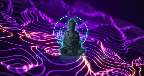 Buddha Statue Amidst Futuristic Digital Wave Patterns - Download Free Stock Images Pikwizard.com