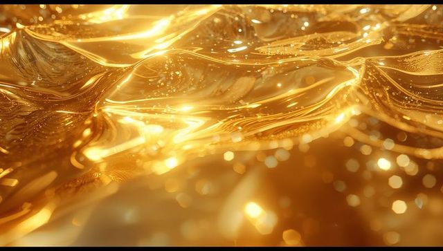 Shimmering Golden Liquid with Light Reflections and Sparkling Bokeh