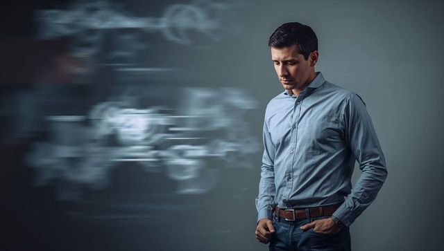 Contemplative businessman standing beside abstract data visualization and AI graphics