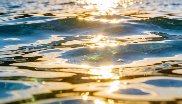 Golden sunlight reflecting on iridescent ocean ripples close-up