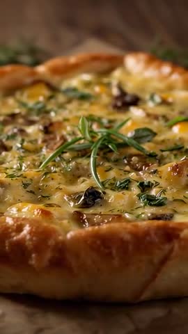 Pulling Tight Vertical Video Revealing Rustic Herb Cheese Quiche with Rosemary