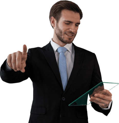 Businessman interacting with transparent glass interface on invisible screen