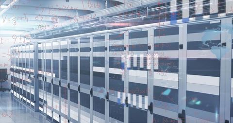 Modern data center with glass door server racks and cooling system