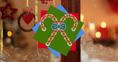 Neon Candy Canes on Festive Window Background - Download Free Stock Images Pikwizard.com