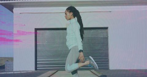 Digital Exercise: Woman Stretching with Pink Trails Outdoors