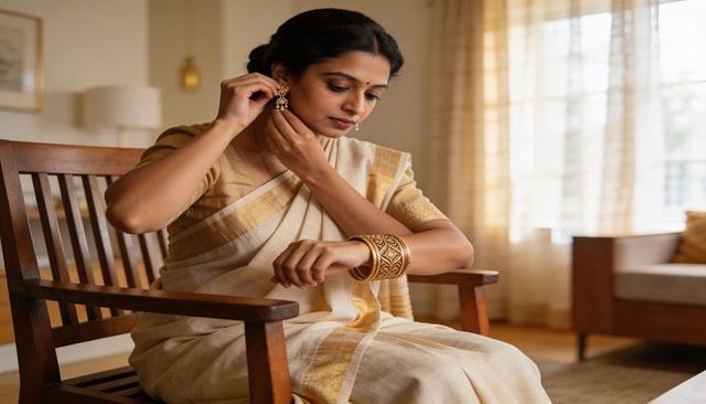 Indian woman adjusting gold earrings and ornate bangles while wearing cream saree at home