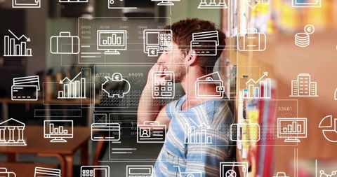 Leaning young man talking on phone by bookshelf with finance and data dashboard overlay