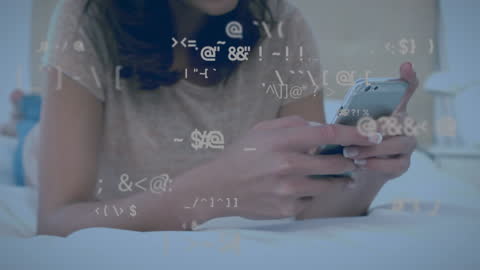 Woman Engaging with Mobile Technology and Data Interface Concepts