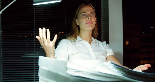 Frustrated Businesswoman Working Late Night in Office Expressing Distress - Download Free Stock Images Pikwizard.com