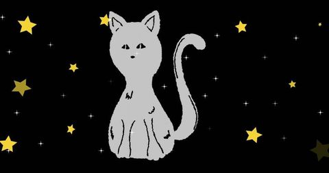 Sitting stylized gray cat curling tail in starry black sky minimalist vector night decor