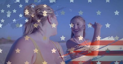 Carefree college friends laughing on sunny beach with patriotic stars and stripes overlay