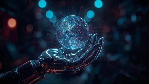 Robotic Hand Holding Holographic Globe in Futuristic Lab