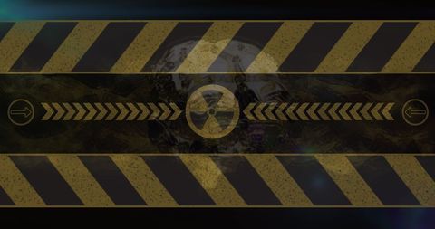 Nuclear symbol overlay on brain imagery with hazard stripes