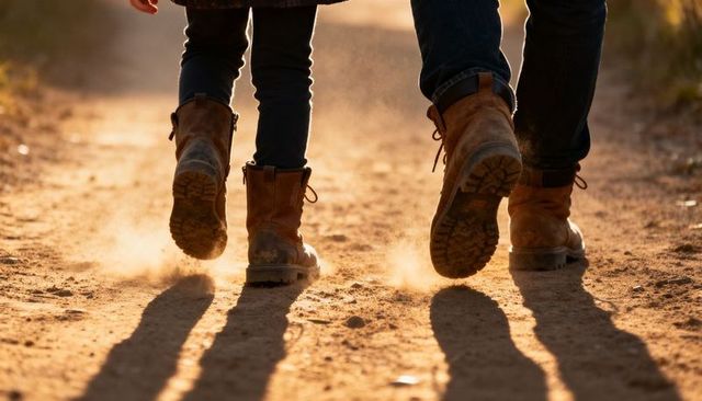 Parent and child walking dusty trail kicking up golden dust wearing leather boots