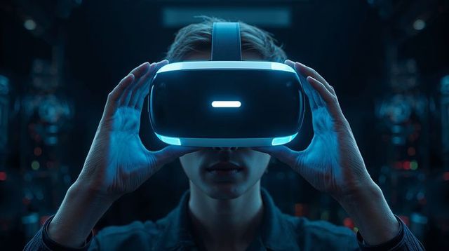 Young Man Adjusting Glowing VR Headset in Futuristic Server Lab