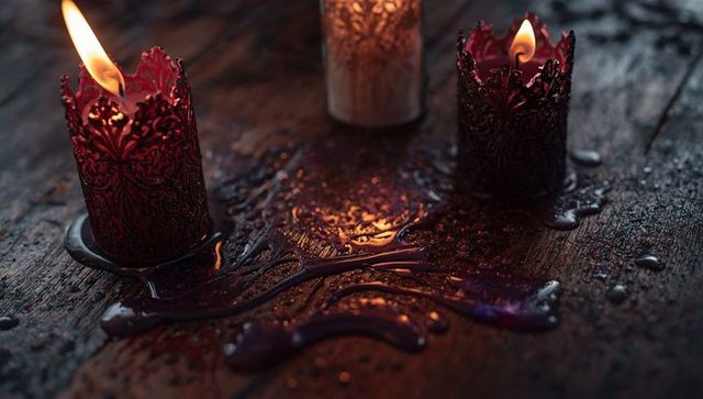Carved red wax candles flicker on rustic table creating cozy ambiance