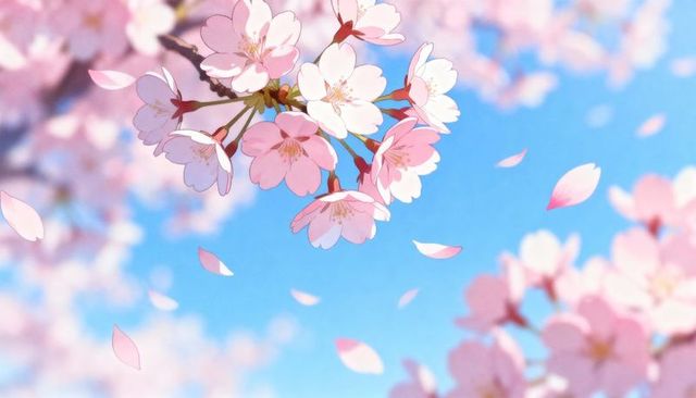 Sakura branch blooming with falling petals against blue sky, pastel spring mood