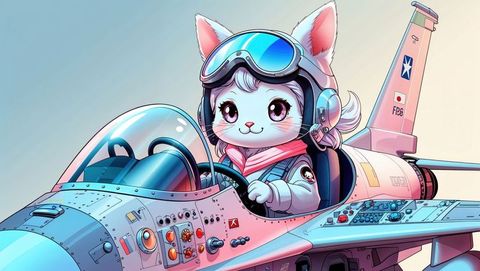 Adorable cat pilot navigating futuristic f16 jet cockpit