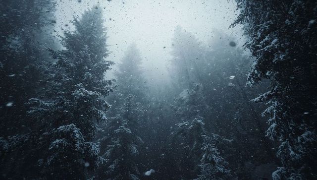 Falling Snow in Misty Boreal Forest with Snow-Laden Evergreens and Silhouetted Treeline