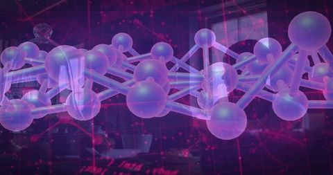 Neon molecular network overlaying coworkers collaborating in dim lab workspace with laptops