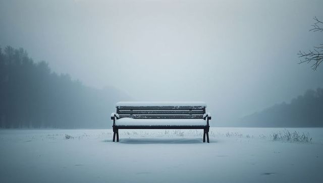 Solitary snow-covered bench on frozen field with misty treeline evoking winter solitude