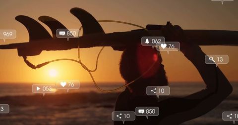 Surfer with Social Media Icons at Sunset Beach