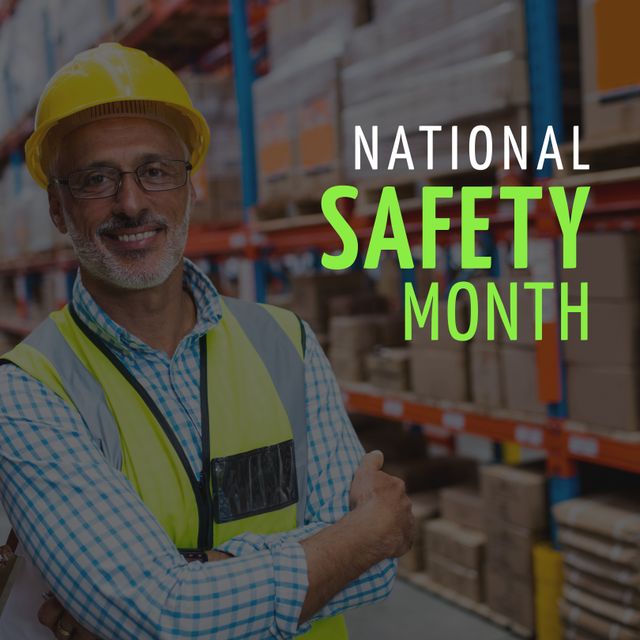 Confident Warehouse Manager Promoting National Safety Month with Copy Space - Download Free Stock Templates Pikwizard.com