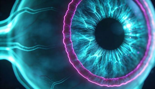 Glowing neon bioluminescent eye macro showing teal iris, magenta ring and nerve strands for sci-fi t