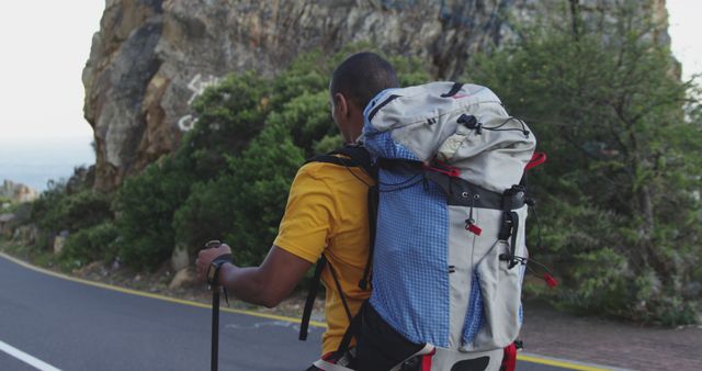 African american man wearing backpack trekking with walking poles on coastal road - Download Free Stock Photos Pikwizard.com