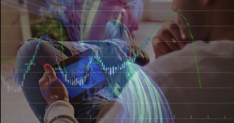 Analyzing financial data on tablet at home with family connection