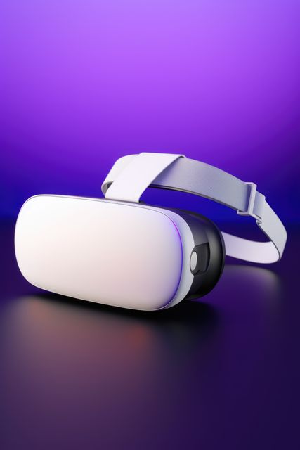 White vr headset on purple background with copy space, created using generative ai technology. Virtual reality and digital interface technology concept digitally generated image.
