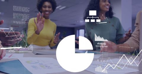 Diverse Team Analyzing Project Data with Interface Overlay