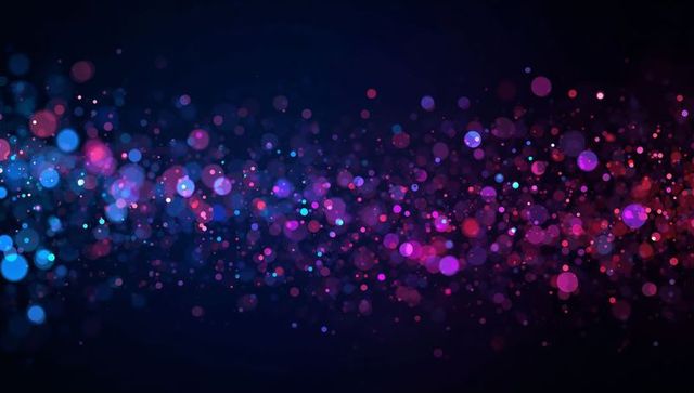 Neon bokeh ribbon flowing across dark backdrop glowing purple blue light particles