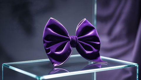 Oversized Purple Velvet Bow on Glass Display in Elegant Gallery