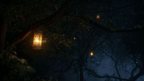Glowing ornate lanterns casting patterned light through misty forest canopy on soft night