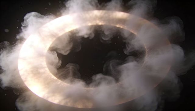Luminous metallic torus emitting golden glow with swirling smoke and floating dust motes