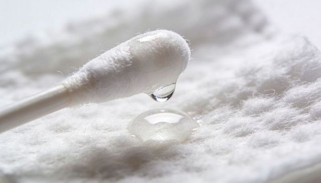 Cotton swab releasing clear droplet onto cotton pad closeup macro wet fiber medical beauty concept