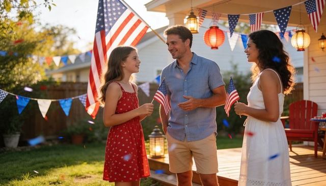 Backyard fourth of july family celebrating under patriotic bunting and lanterns