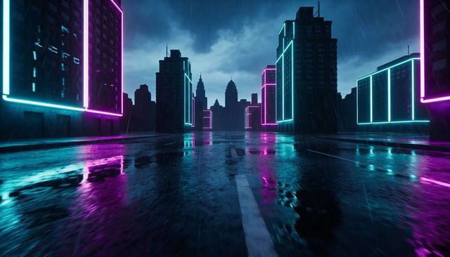 Futuristic neon rain city avenue with cyan and magenta reflections at night