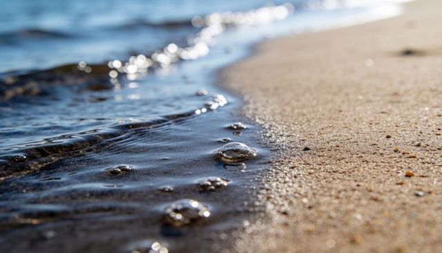 Low-angle sunlit shoreline with water bubbles lapping wet sand and sparkling pebbles