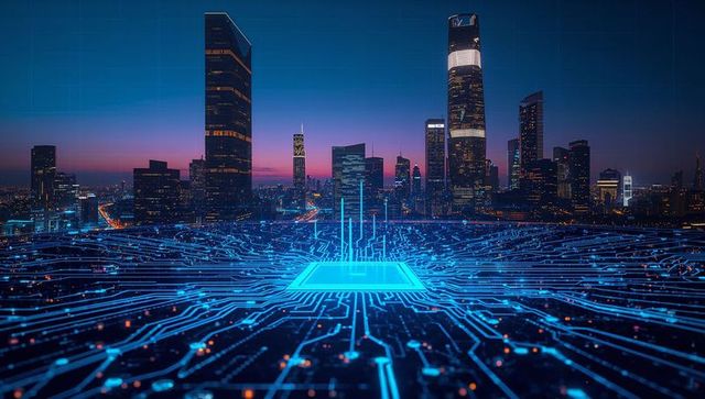 Futuristic Cityscape with Glowing Circuit Grid at Dusk