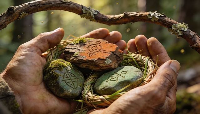 Holding ancient rune-carved stones in moss-lined woven nest with weathered hands