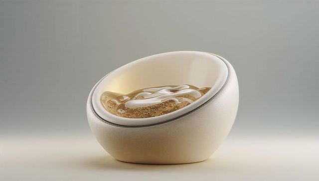 Minimal off-white ceramic pod bowl holding glossy amber liquid with bubbles and ripples