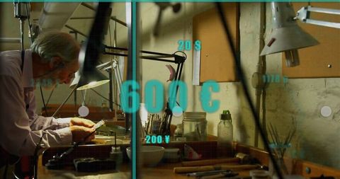 Senior craftsman repairing in workshop with digital currency overlay