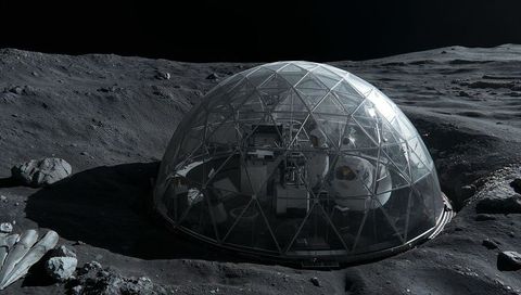 Geodesic glass lunar habitat occupying crater, housing astronauts, robotic arm and consoles
