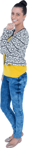 portrait of smiling woman with hand on chin in patterned jacket - Download Free Stock Videos Pikwizard.com
