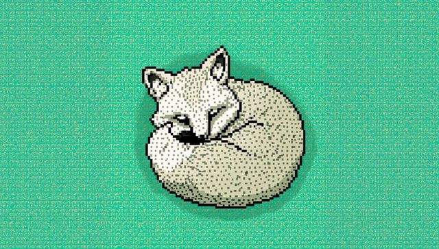 Pixel art curled fox emblem on teal textured canvas art for logo, badge, illustration